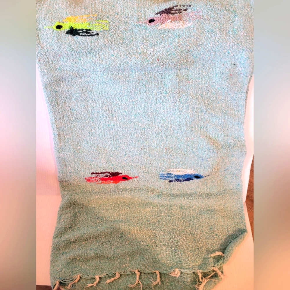 VTG Wool Blend Mexican Thunderbird Baja Birds Green Throw 42”x72”  Handwoven